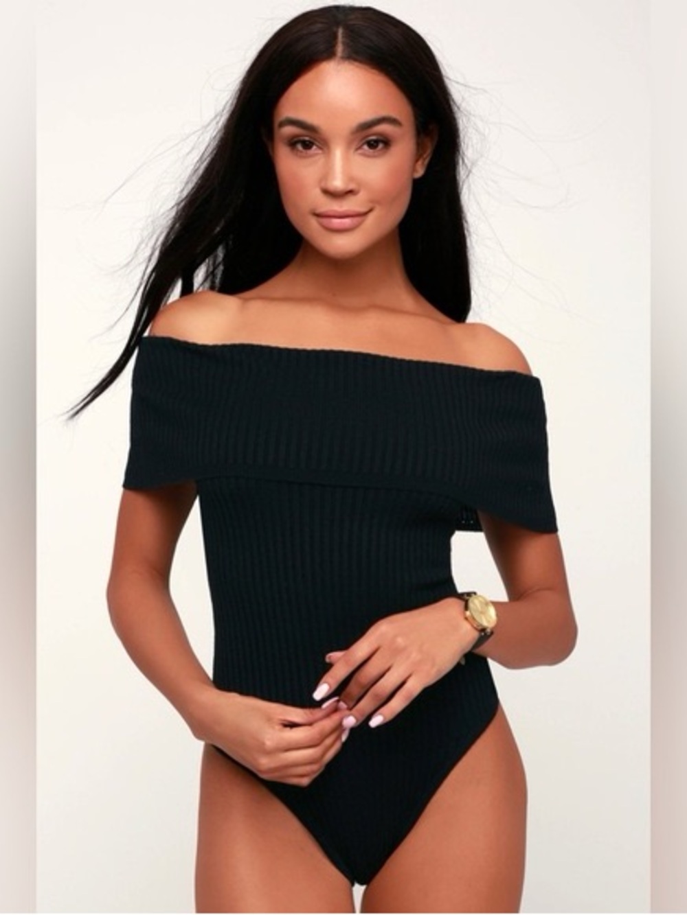 Off-Shoulder Ribbed One-Piece Bodysuit Black